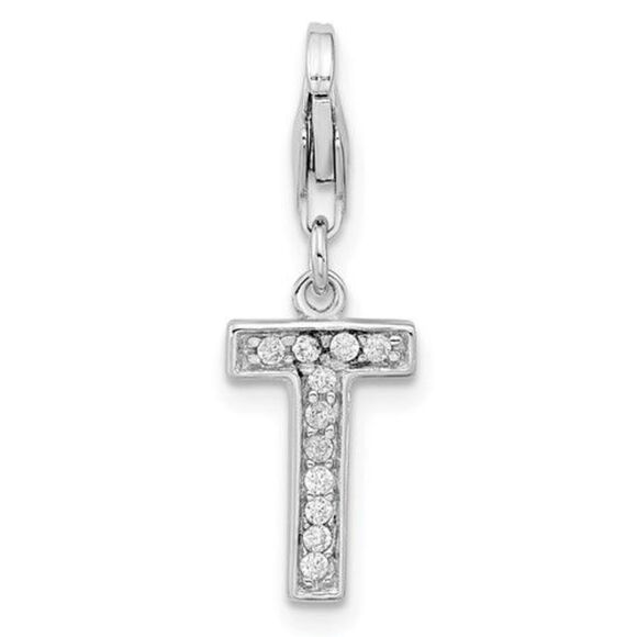 Amore La Vita Sterling Silver Rhodium-plated Polished CZ Letter T Initial Charm - Picture 1 of 6